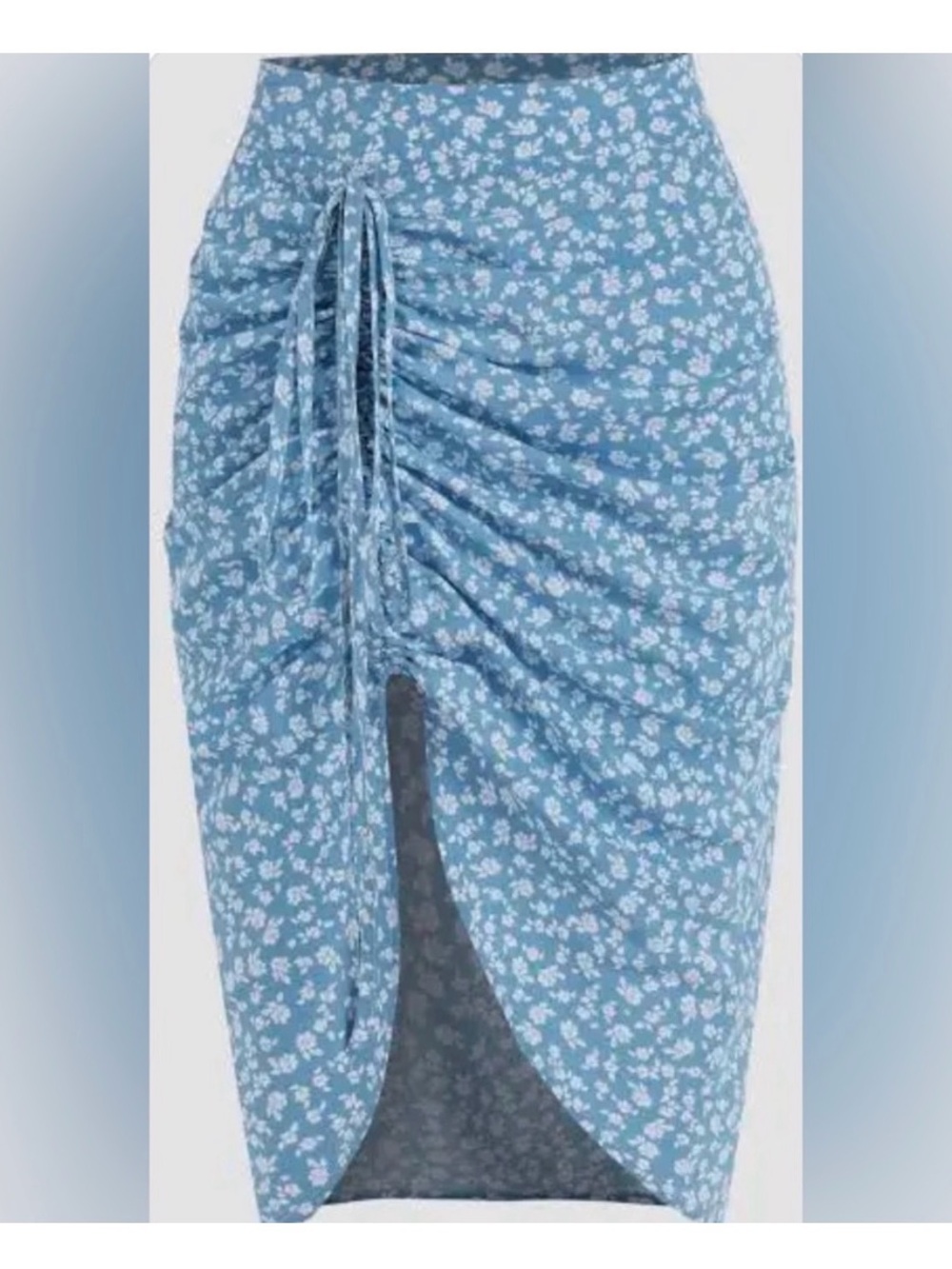 Cider Baby Blue Floral Side-Ruched Midi Skirt